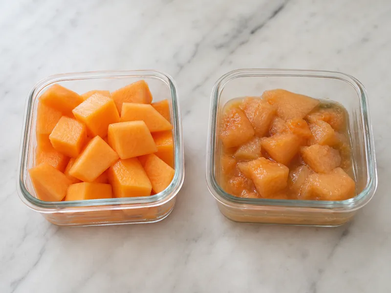 Fresh cantaloupe cubes beside spoiled melon for comparison | EpicureDelight