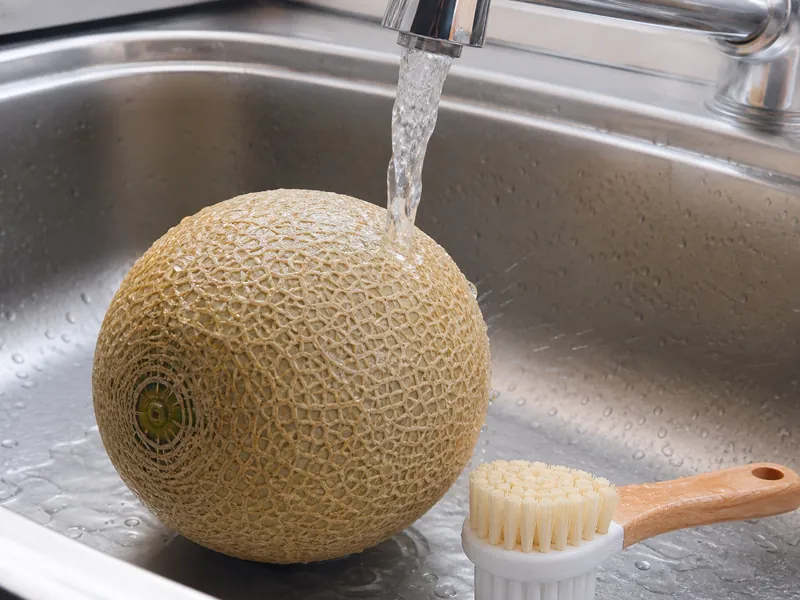 Cantaloupe being scrubbed under running water before cutting | EpicureDelight