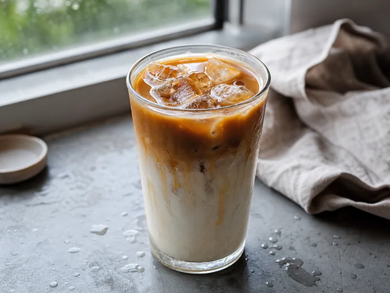 Iced caramel macchiato with espresso layer and melting ice | EpicureDelight