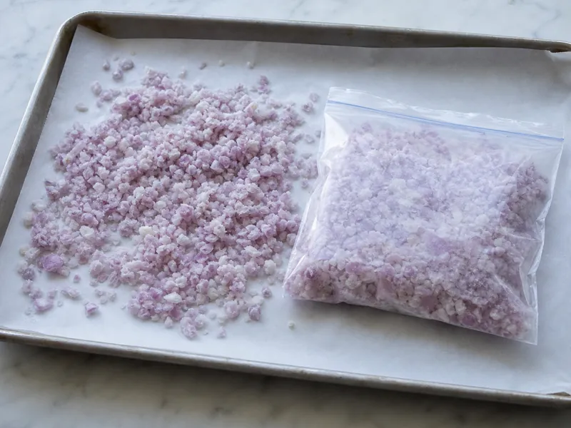 Chopped shallots portioned on a tray for freezing | EpicureDelight