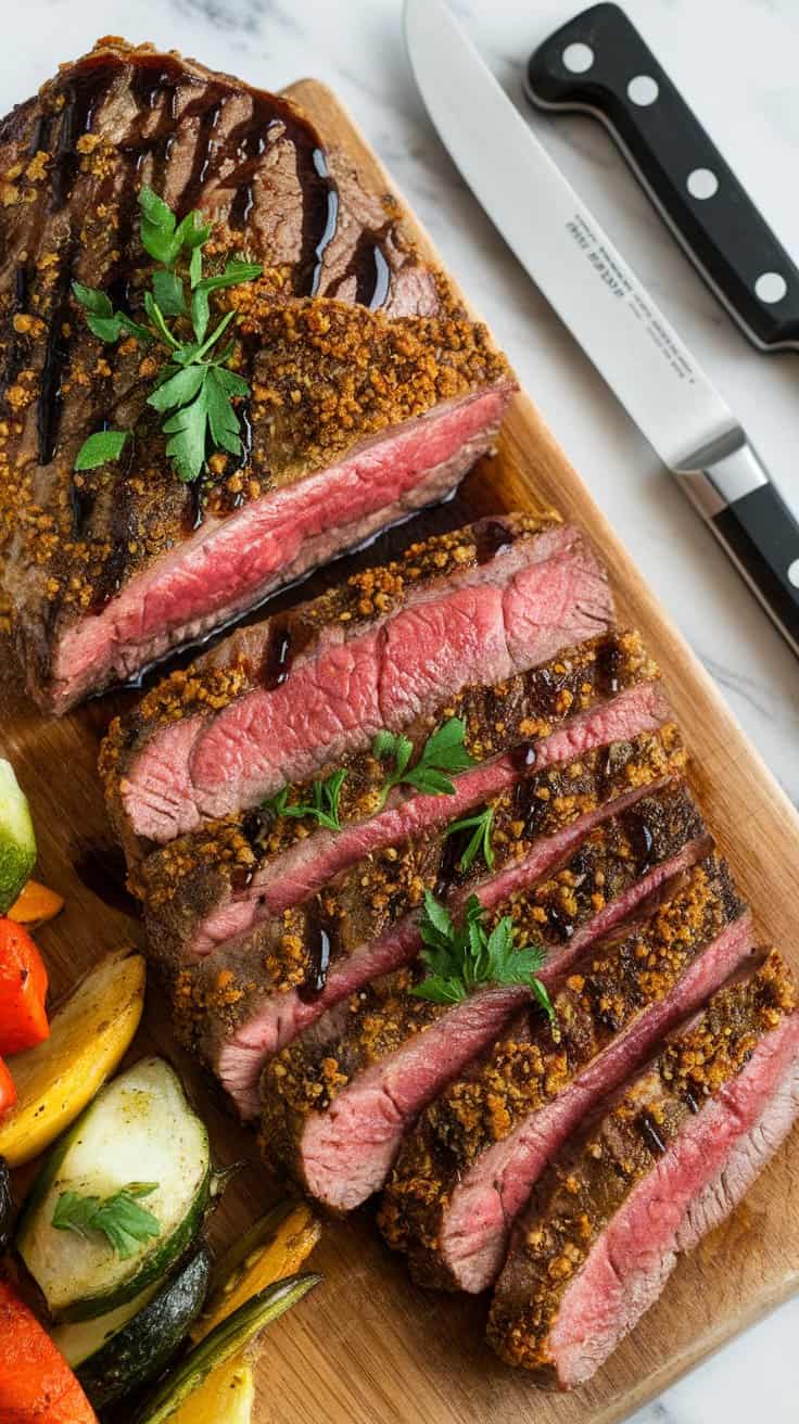 Top-down image of perfectly cooked Italian Herb Crusted Steak, sliced and served on a white marble counter. The golden Parmesan-herb crust contrasts with the juicy, medium-rare steak. Fresh parsley and balsamic glaze add extra flavor, making this steak a restaurant-quality meal at home.