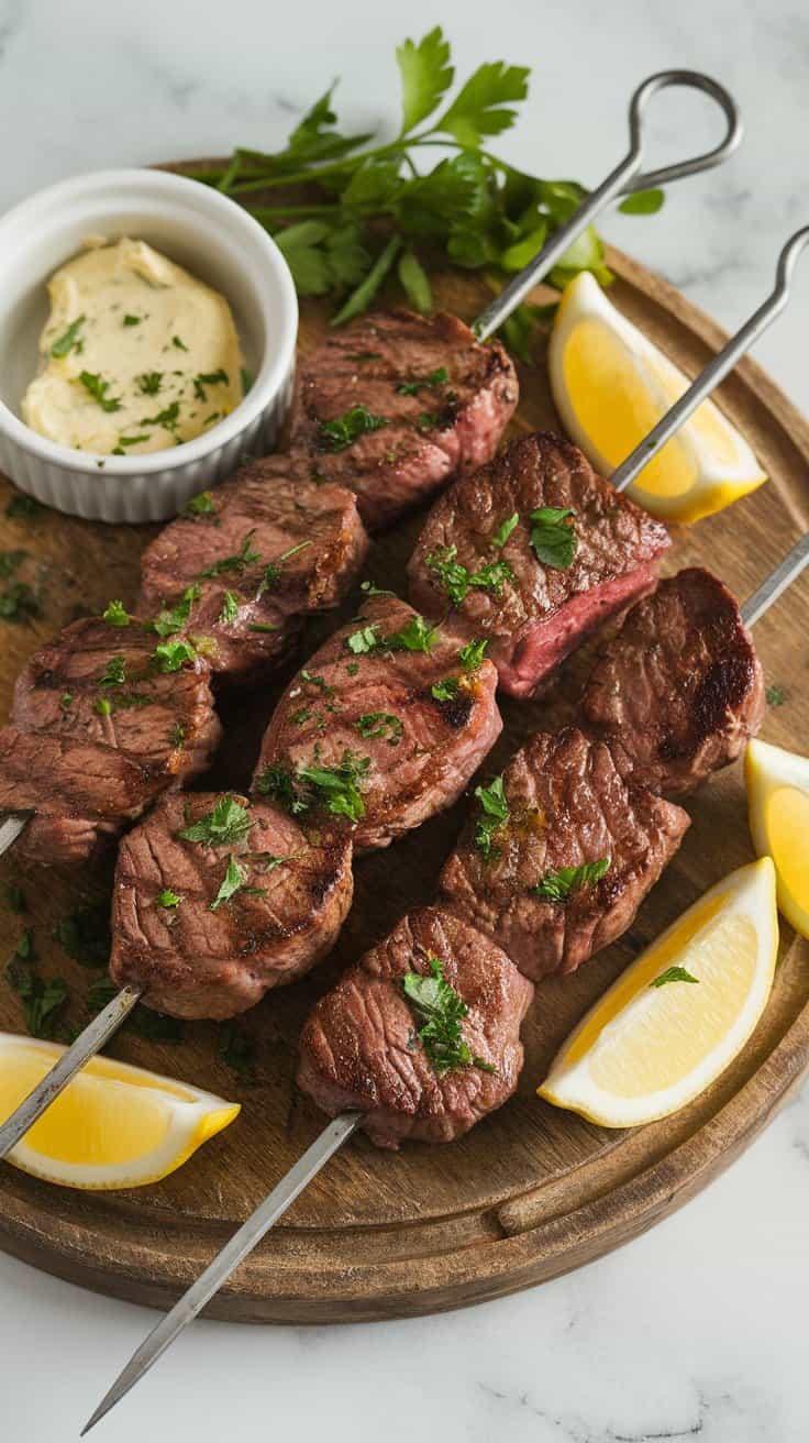 Top-down image of Garlic Butter Steak Skewers served on a wooden board. The tender, juicy steak pieces are coated in garlic butter and garnished with fresh parsley. A side of extra melted butter and lemon wedges complete this flavorful, easy-to-make dish.