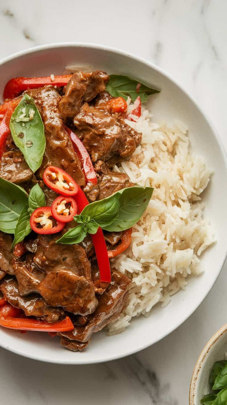 Top-down image of Thai Basil Beef Stir-Fry served with jasmine rice on a white marble counter. The stir-fry features tender beef coated in a savory sauce, tossed with bell peppers, chilies, and fragrant Thai basil. A bold, flavorful dish perfect for a quick and easy Thai-inspired meal.