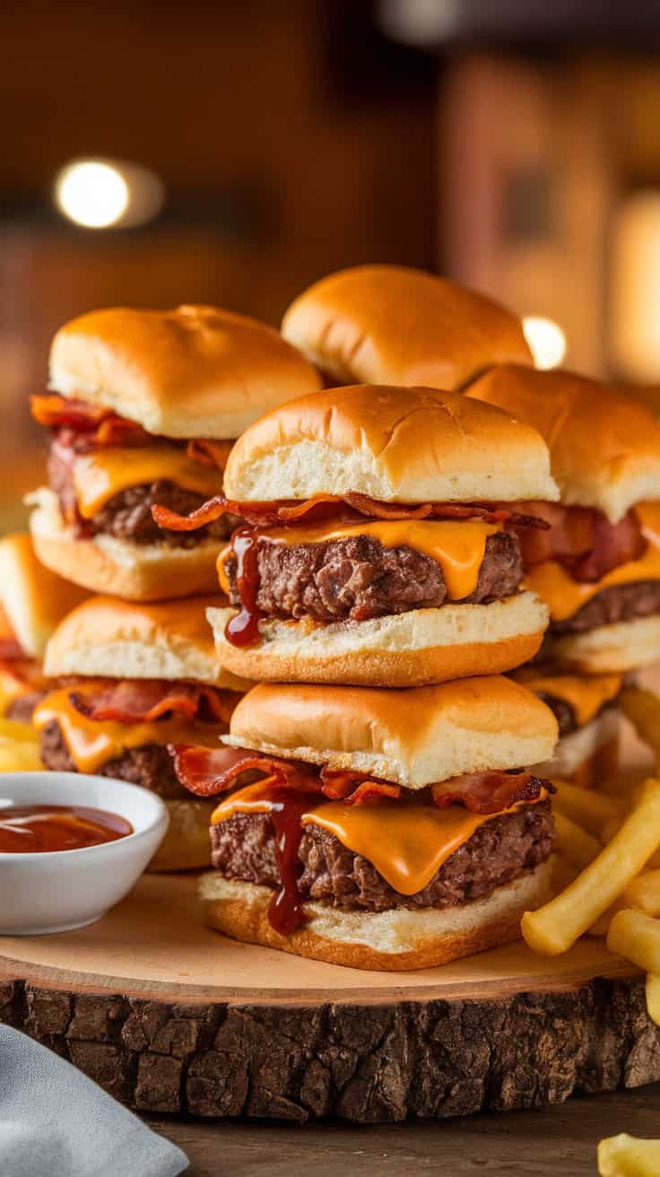 A platter of BBQ bacon cheeseburger sliders with juicy beef patties, crispy bacon, melted cheddar, and smoky barbecue sauce on toasted slider buns, served with extra BBQ sauce and crispy fries.