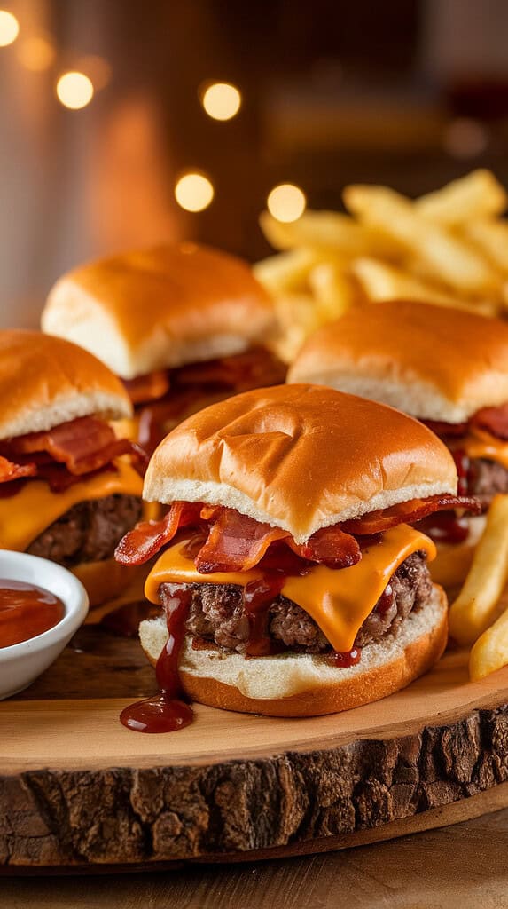A platter of BBQ bacon cheeseburger sliders with juicy beef patties, crispy bacon, melted cheddar, and smoky barbecue sauce on toasted slider buns, served with extra BBQ sauce and crispy fries.