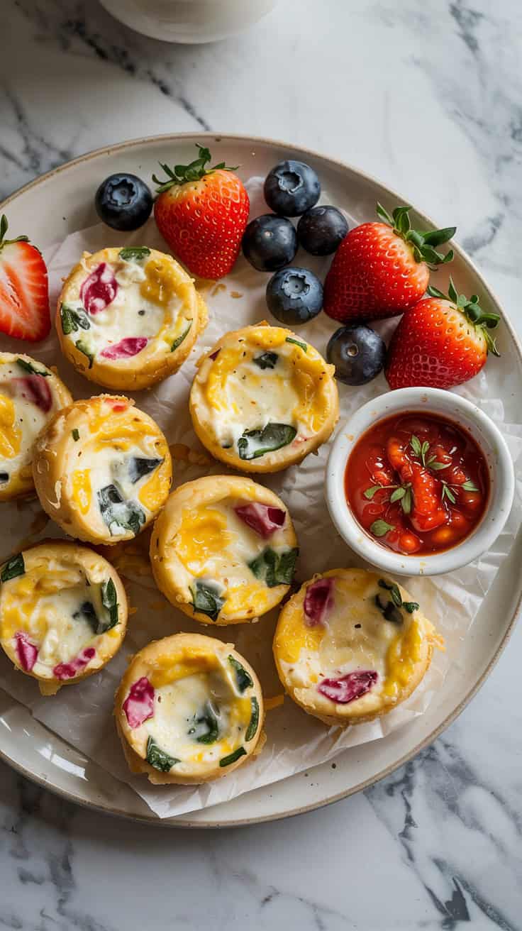 A top view photograph of golden cottage cheese egg bites on a white ceramic plate, placed on a marble countertop. Each bite is fluffy and speckled with colorful veggies and cheese, arranged in a neat, inviting pattern. The plate is styled with a side of fresh strawberries and blueberries, and a small ramekin of vibrant red hot sauce, creating a balanced and vibrant breakfast scene. Soft, natural lighting highlights the textures and colors, casting gentle shadows on the marble surface.