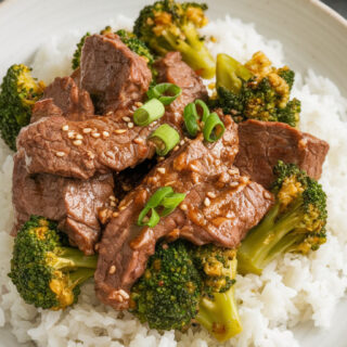 A photo of a plated serving of beef and broccoli stir-fry on a white ceramic plate. The stir-fry is served over a bed of steamed jasmine rice. The tender beef glistens with a rich, savory sauce, while the broccoli remains bright and crisp. A sprinkle of sesame seeds and chopped green onions adds the finishing touch.