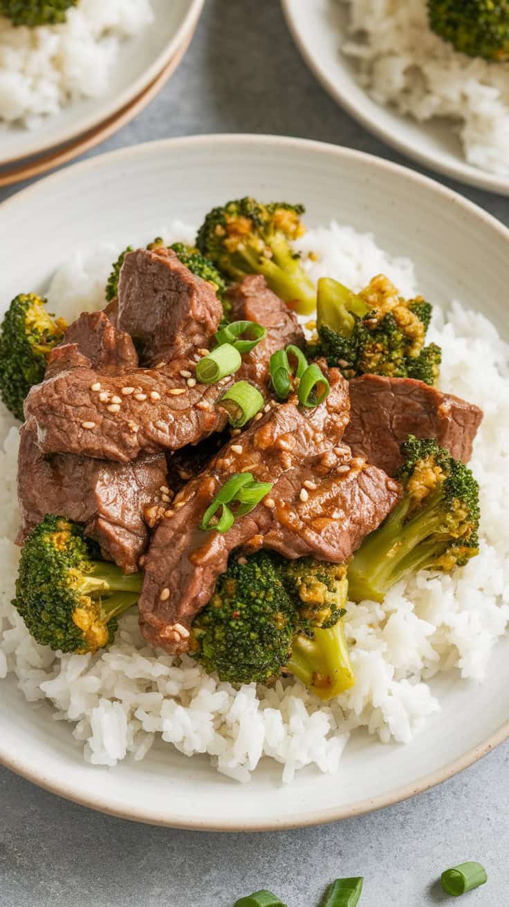 A photo of a plated serving of beef and broccoli stir-fry on a white ceramic plate. The stir-fry is served over a bed of steamed jasmine rice. The tender beef glistens with a rich, savory sauce, while the broccoli remains bright and crisp. A sprinkle of sesame seeds and chopped green onions adds the finishing touch.