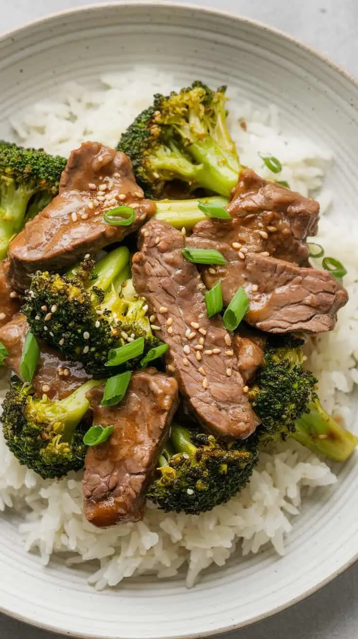 A photo of a plated serving of beef and broccoli stir-fry on a white ceramic plate. The stir-fry is served over a bed of steamed jasmine rice. The tender beef glistens with a rich, savory sauce, while the broccoli remains bright and crisp. A sprinkle of sesame seeds and chopped green onions adds the finishing touch.