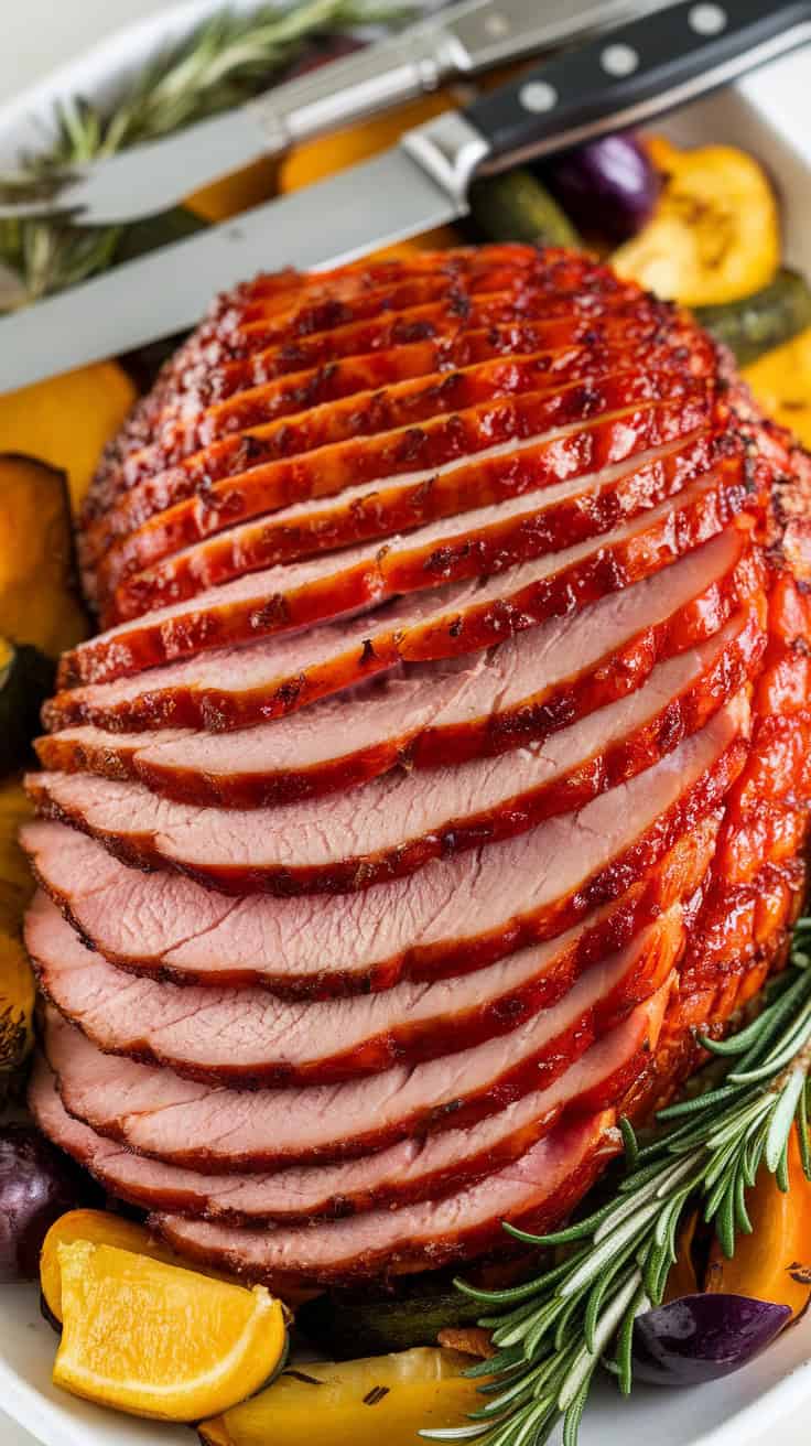A serving platter with sliced brown sugar glazed ham, glistening with a caramelized crust, garnished with fresh rosemary and roasted vegetables, ready to be served.