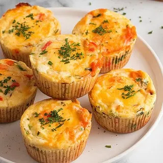 A photo of five baked egg muffins on a white plate. The muffins are slightly golden with visible flecks of cheese and veggies. There is a sprinkle of chopped herbs on top. A side of sliced avocado and toast is placed nearby on a marble surface. The background is clean and simple.