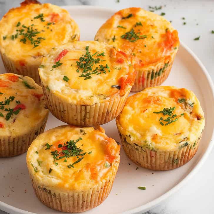 A photo of five baked egg muffins on a white plate. The muffins are slightly golden with visible flecks of cheese and veggies. There is a sprinkle of chopped herbs on top. A side of sliced avocado and toast is placed nearby on a marble surface. The background is clean and simple.