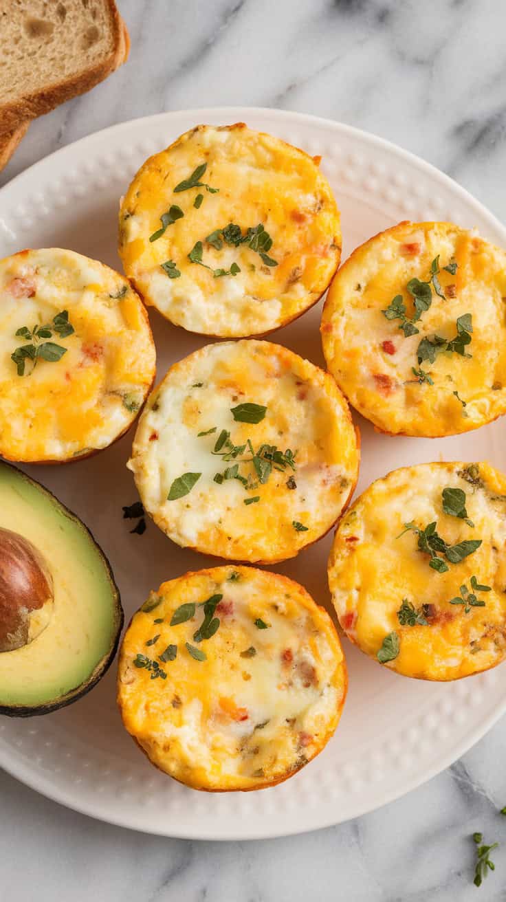 A photo of five baked egg muffins on a white plate. The muffins are slightly golden and have visible flecks of cheese and veggies. There are chopped herbs sprinkled on top. A side of sliced avocado and toast is placed nearby on a marble surface.