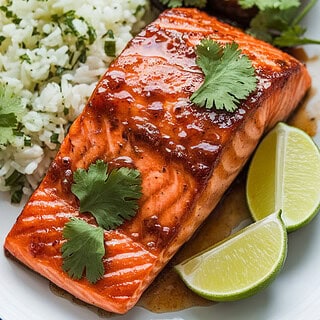 Chili lime glazed salmon served with a side of cilantro lime rice and roasted vegetables. The salmon has a glossy, slightly caramelized glaze, garnished with fresh cilantro and lime wedges for a bright, flavorful finish.