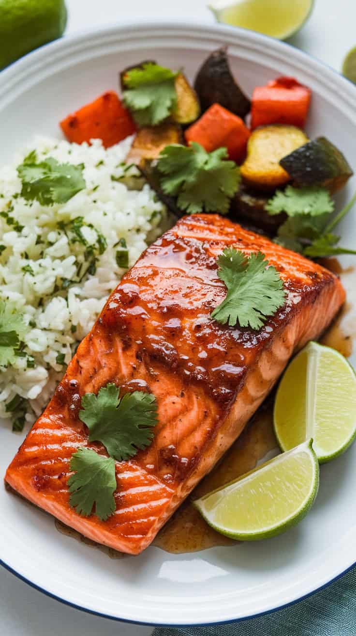 Chili lime glazed salmon served with a side of cilantro lime rice and roasted vegetables. The salmon has a glossy, slightly caramelized glaze, garnished with fresh cilantro and lime wedges for a bright, flavorful finish.