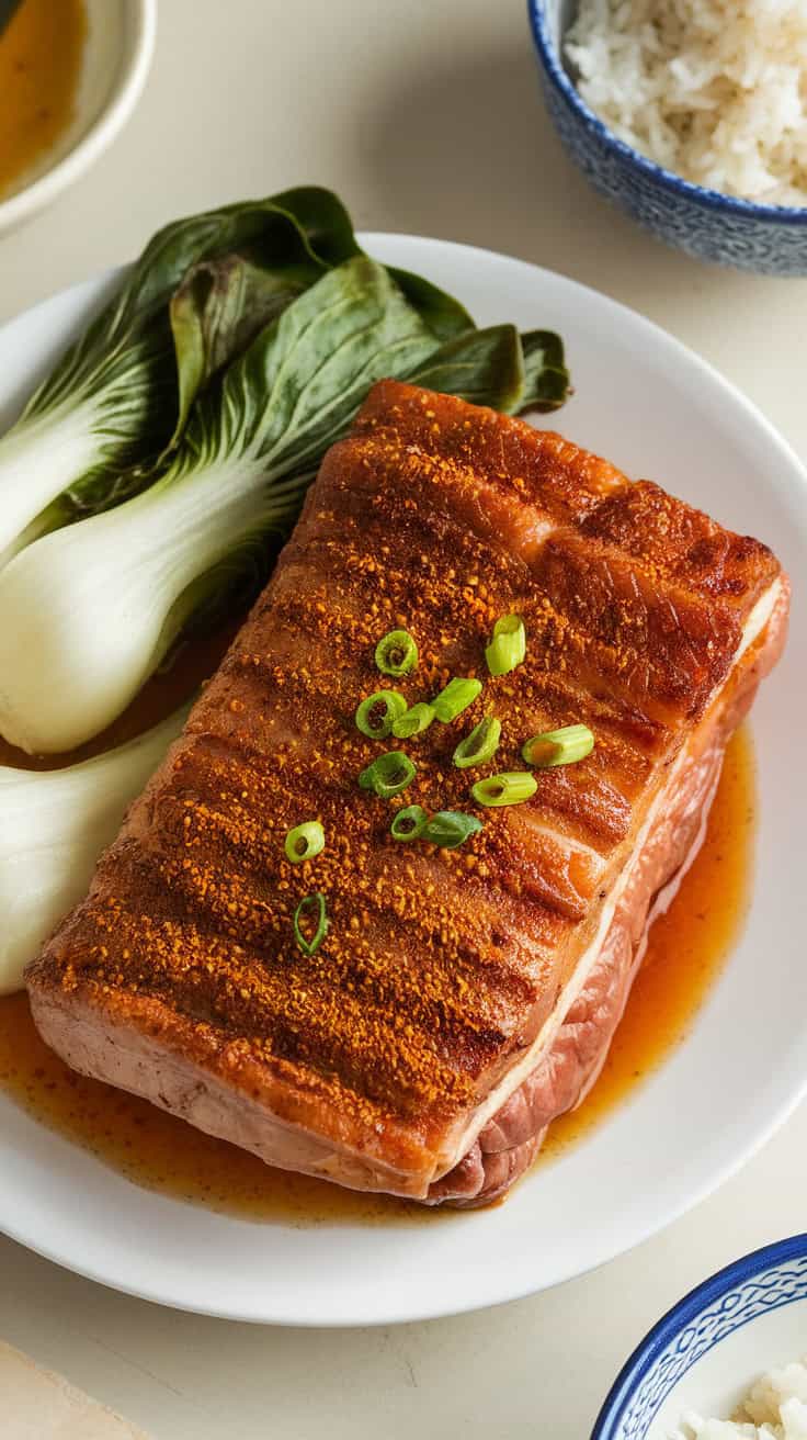 Crispy five-spice pork belly fresh from the oven, its skin golden and blistered. The rich layers of fat and meat are perfectly roasted, ready to be sliced and served.