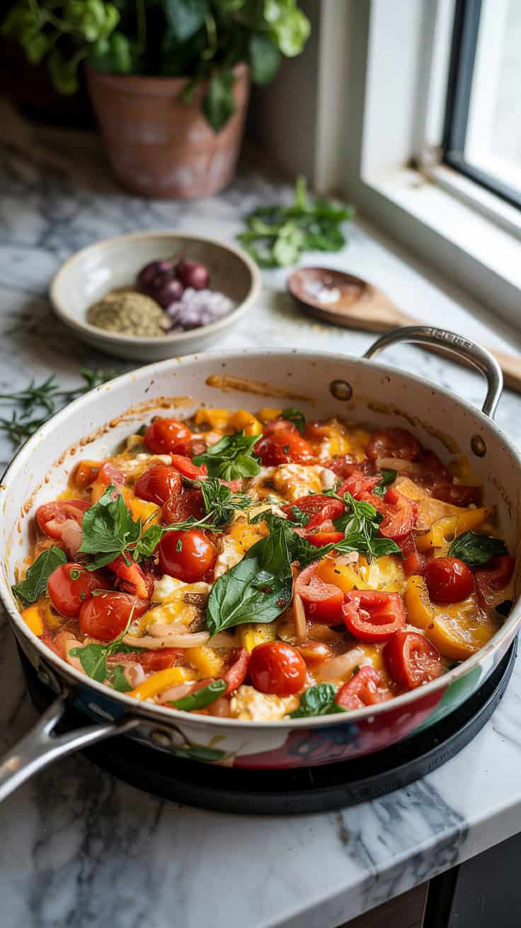 A photograph of a Mediterranean egg scramble cooking in a white ceramic pan on a marble countertop. The sautéed tomatoes, onions, and bell peppers are softening, their vibrant colors blending together. A wooden spoon rests beside the pan, and a bowl of fresh herbs and spices sits nearby, adding a fresh, aromatic touch. Soft, natural light from a nearby window highlights the rich colors and textures of the ingredients.