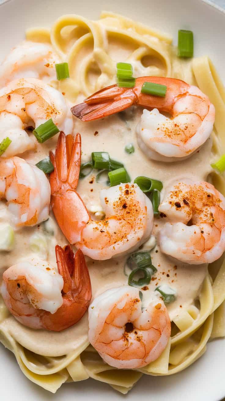 A photo of a creamy Cajun shrimp alfredo dish. The dish is served in a white bowl and is topped with cooked shrimp and Cajun seasoning. The bowl is placed on a wooden board. There are green onions sprinkled over the dish. The background is blurred and contains a few kitchen tools.