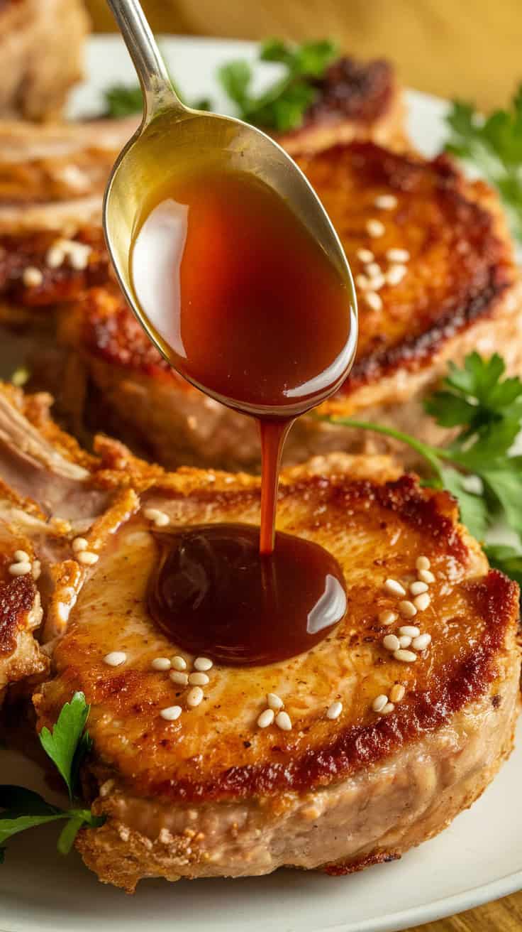 Crispy pork chops drizzled with thick honey garlic sauce, with fresh parsley and sesame seeds sprinkled on top for extra flavor.