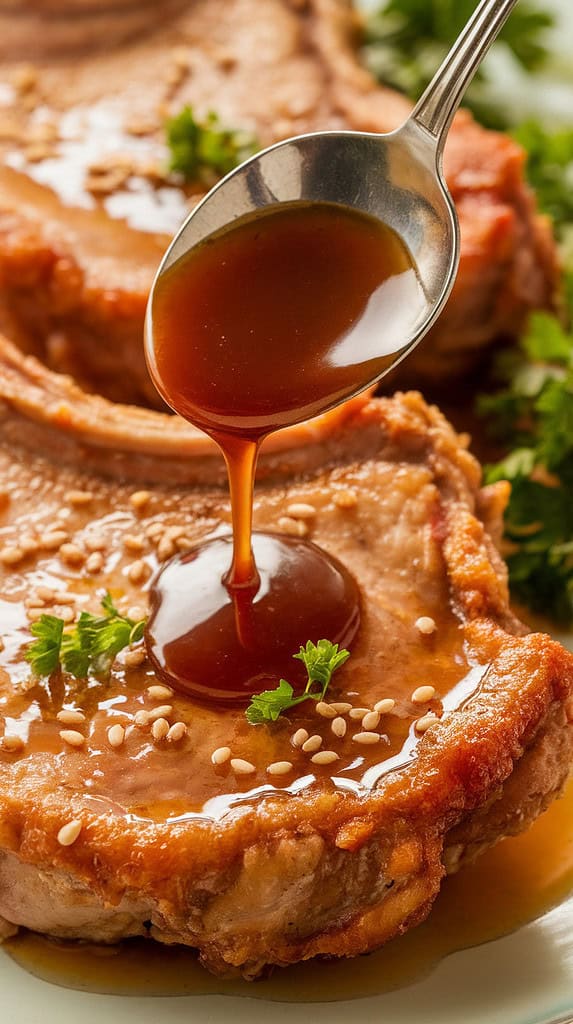 Crispy pork chops drizzled with thick honey garlic sauce, with fresh parsley and sesame seeds sprinkled on top for extra flavor.