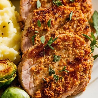 Crispy Dijon herb-crusted pork medallions served with garlic mashed potatoes and roasted Brussels sprouts, garnished with fresh parsley and rosemary, with a small dish of whole-grain mustard for dipping.