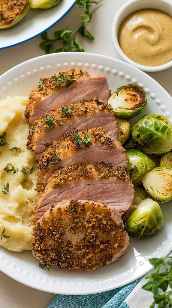 A plate of crispy Dijon herb-crusted pork medallions with mashed potatoes and roasted Brussels sprouts, garnished with fresh herbs and served with mustard on the side.