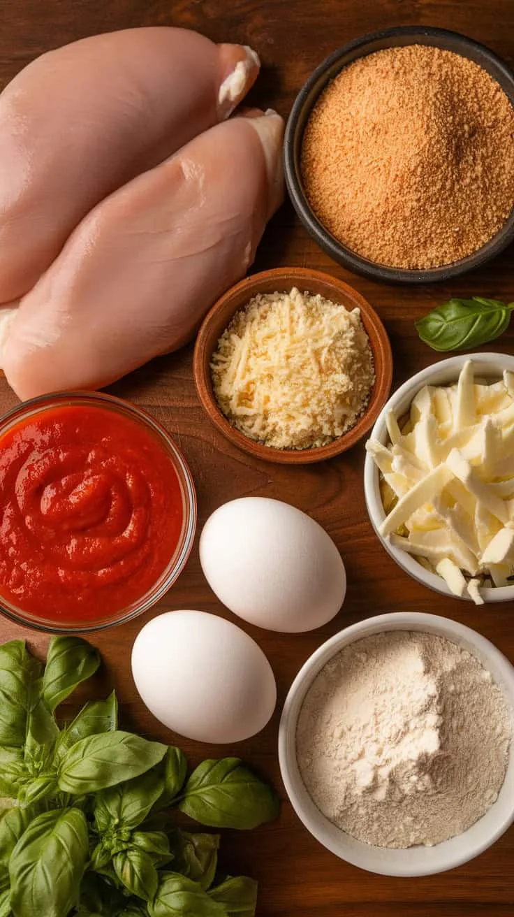 Fresh ingredients for homemade chicken parmesan, including chicken breasts, panko breadcrumbs, parmesan cheese, marinara sauce, mozzarella cheese, eggs, flour, and basil. These ingredients create a crispy, cheesy, and flavorful Italian-inspired dish.
