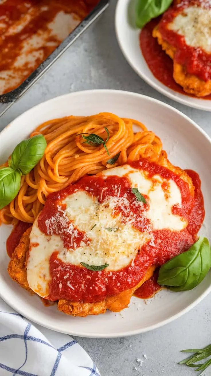 A photo of a plated serving of crispy chicken parmesan on a white ceramic plate. The chicken is topped with marinara sauce, melted mozzarella, and freshly grated parmesan. The dish is garnished with fresh basil leaves and served alongside spaghetti coated in marinara sauce.