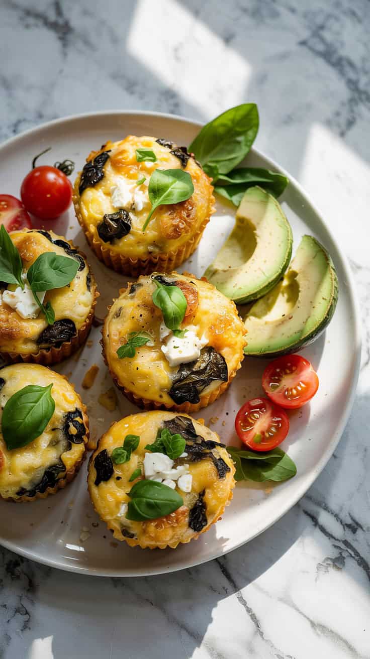 A top-down photograph of golden baked egg muffins arranged on a white ceramic plate placed on a smooth marble countertop. The muffins are slightly puffed and topped with visible bits of fresh spinach and crumbled feta cheese, garnished with finely chopped herbs like parsley and basil. Served alongside the plate are slices of ripe avocado and vibrant cherry tomatoes, creating a balanced and visually appealing breakfast spread. The lighting is soft and natural, casting a gentle glow that highlights the textures and colors of the ingredients.