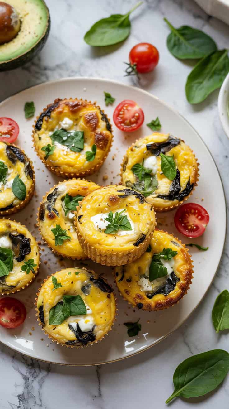 A top view photograph of golden baked egg muffins arranged on a white ceramic plate placed on a marble countertop. The muffins are slightly puffed and topped with visible bits of spinach and crumbled feta cheese, garnished with fresh chopped herbs. Sliced avocado and cherry tomatoes are arranged around the plate, creating a balanced and colorful breakfast presentation with soft, natural lighting highlighting the textures and colors.