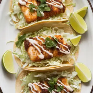 A photo of three fish tacos on a white ceramic plate. The tacos have crispy fish fillets topped with fresh cabbage slaw, drizzled with creamy sauce, and garnished with chopped cilantro. The plate is served with lime wedges and a side of tortilla chips. The background is clean and simple.