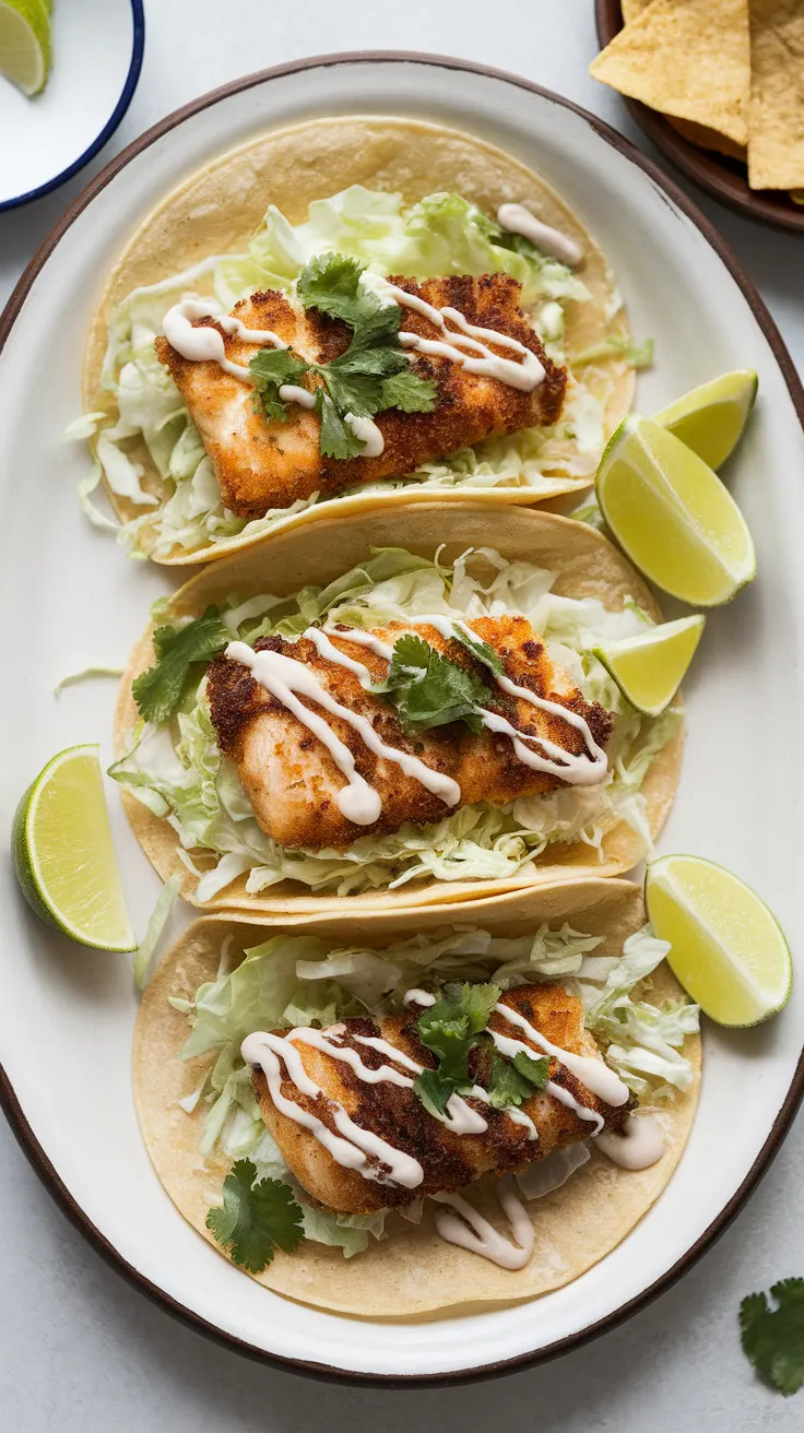 A photo of three fish tacos on a white ceramic plate. The tacos have crispy fish fillets topped with fresh cabbage slaw, drizzled with creamy sauce, and garnished with chopped cilantro. The plate is served with lime wedges and a side of tortilla chips. The background is clean and simple.
