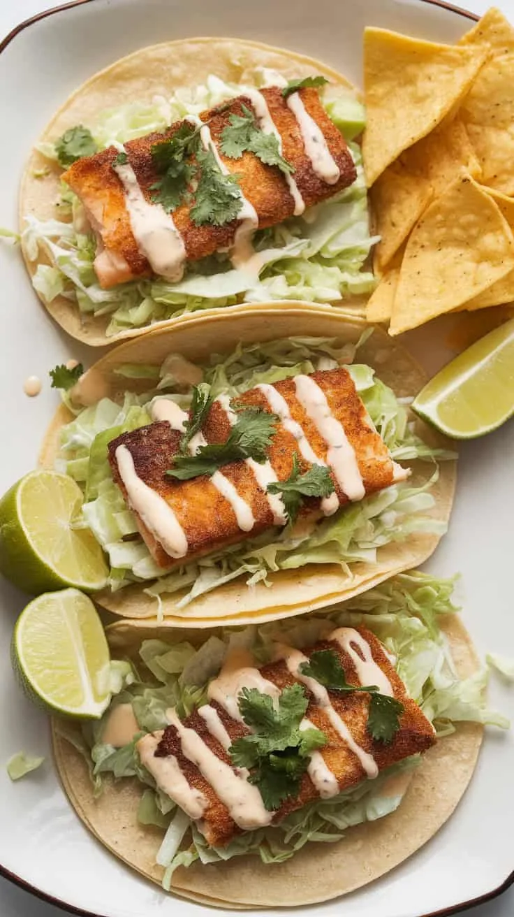 A photo of three fish tacos on a white ceramic plate. The tacos have crispy fish fillets topped with fresh cabbage slaw, drizzled with creamy sauce, and garnished with chopped cilantro. The plate is served with lime wedges and a side of tortilla chips. The background is clean and simple.