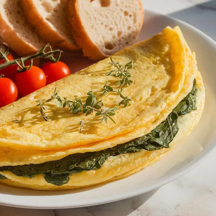 A photo of a fluffy folded egg white omelette filled with spinach. The omelette is served on a white plate. The omelette is garnished with herbs and is accompanied by slices of toasted bread and a side of cherry tomatoes. The entire dish is presented on a marble countertop with natural light.