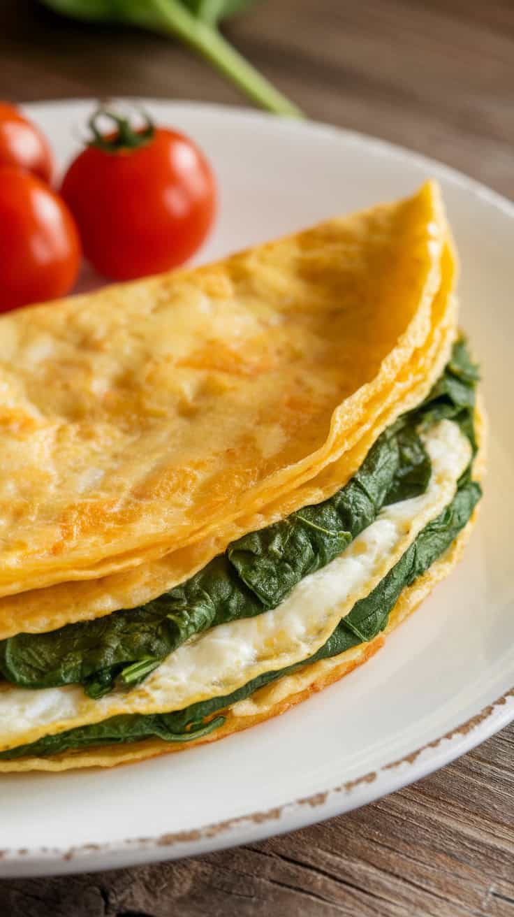 A photo of a fluffy folded egg white omelette filled with spinach. The omelette is served on a white plate. There are a few cherry tomatoes next to the omelette. The background is a wooden surface.