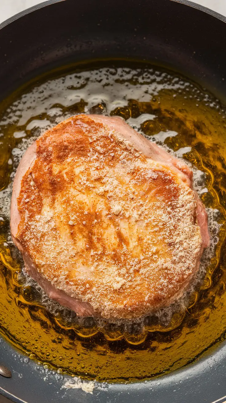 Pork steaks being coated in a seasoned flour mixture, dipped in buttermilk, then dredged again before frying. The preparation ensures a crispy, golden crust.