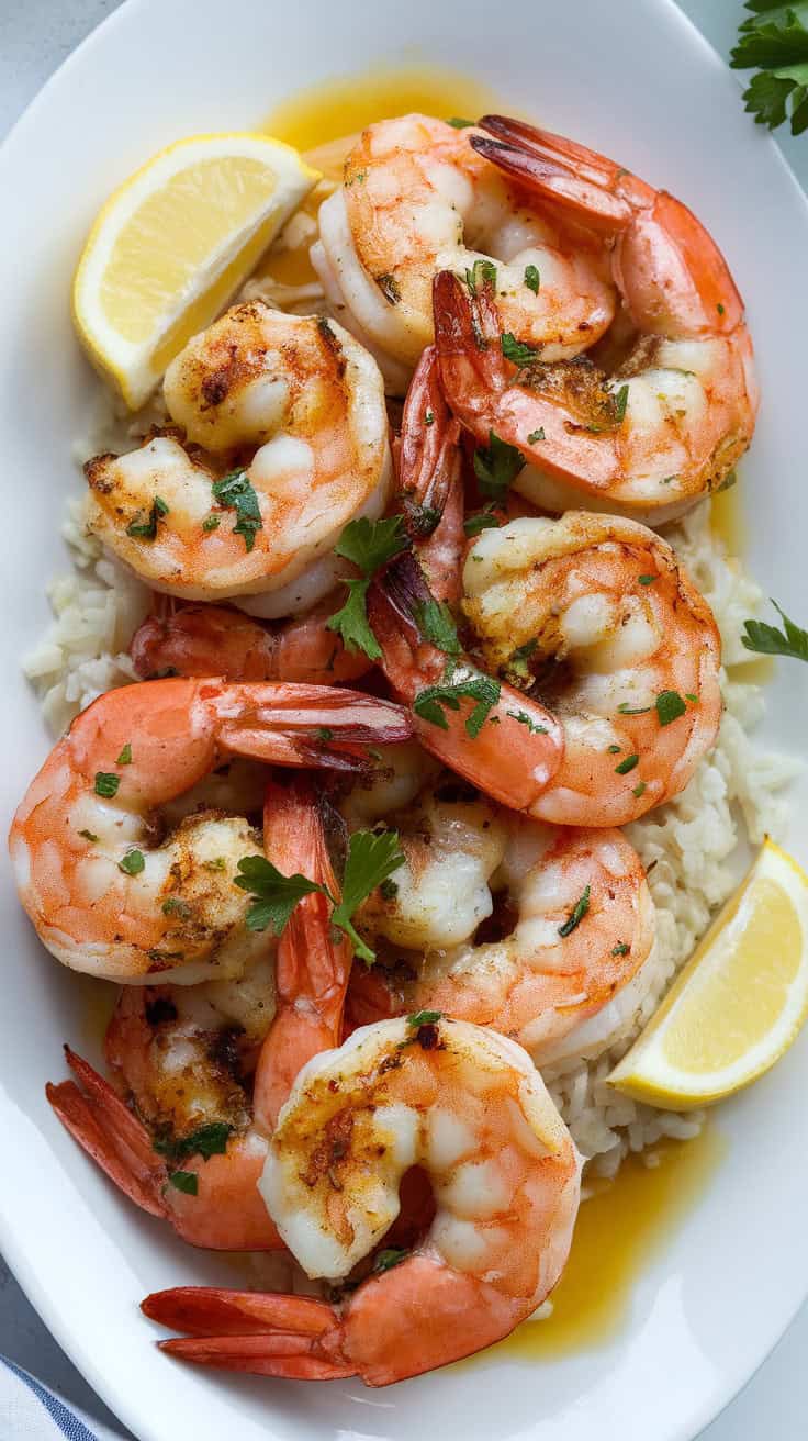 Perfectly grilled Cajun butter shrimp served with a drizzle of melted butter, fresh parsley, and lemon wedges. The dish is plated with rice for a balanced and flavorful meal.