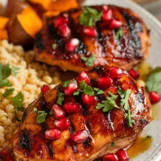 A plate of grilled pomegranate glazed chicken with a deep, sticky glaze, garnished with pomegranate seeds and fresh herbs, served alongside couscous and roasted vegetables.