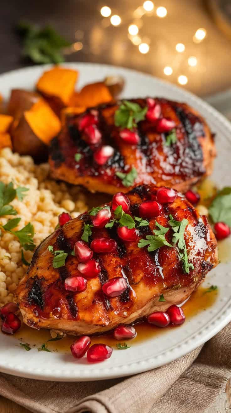 A plate of grilled pomegranate glazed chicken with a deep, sticky glaze, garnished with pomegranate seeds and fresh herbs, served alongside couscous and roasted vegetables.