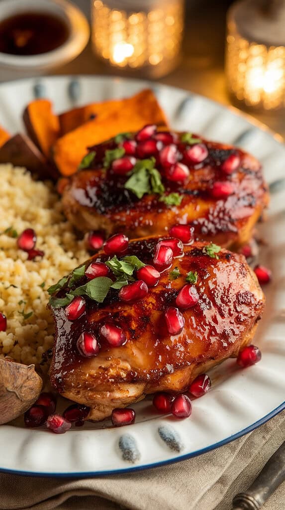 Flat lay of ingredients for grilled pomegranate glazed chicken, including pomegranate molasses, honey, garlic, lemon, spices, and raw chicken, arranged on a wooden background.