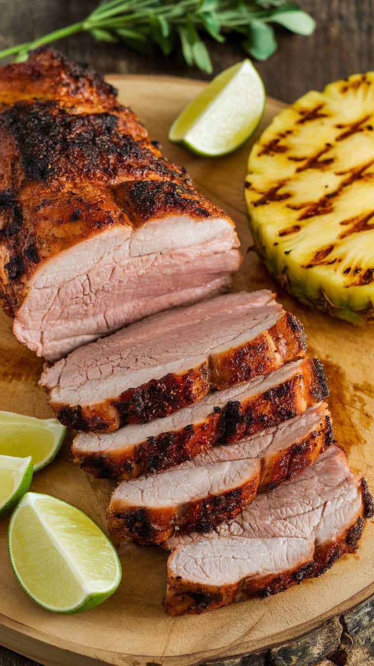 Sliced Caribbean jerk pork tenderloin with a smoky, caramelized crust, served with lime wedges and grilled pineapple. The pork is juicy and full of bold, spiced flavors, perfect for a tropical-inspired meal.