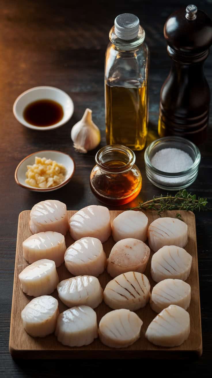 Fresh ingredients for balsamic glazed baked scallops, including sea scallops, balsamic vinegar, honey, garlic, olive oil, and thyme, arranged on a rustic wooden surface.