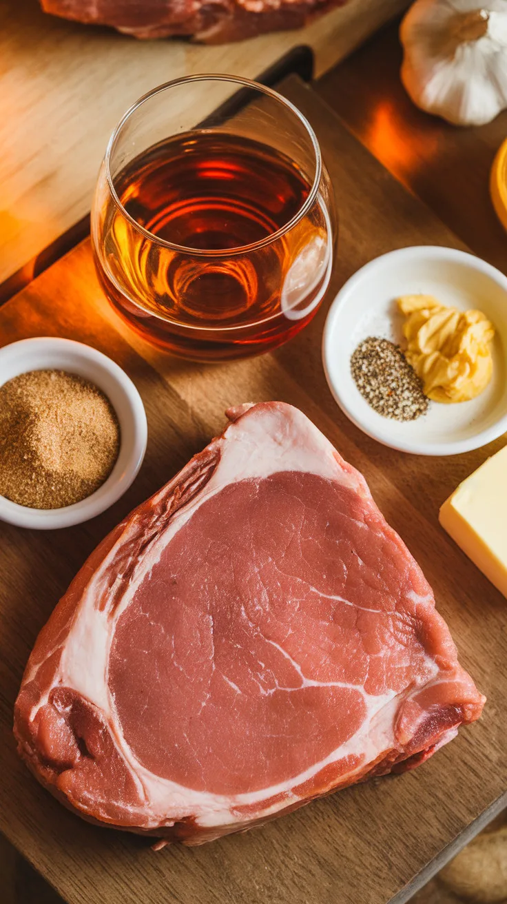 Fresh ingredients for bourbon glazed pork chops, including pork chops, bourbon, brown sugar, Dijon mustard, garlic, and apple cider vinegar. These bold ingredients create a rich, caramelized glaze that enhances the natural flavors of the pork.