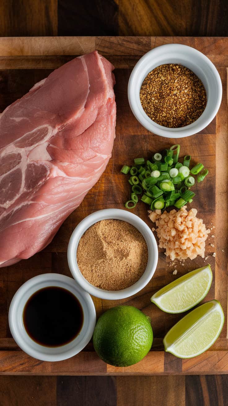 Fresh ingredients for Caribbean jerk pork tenderloin, including pork tenderloin, jerk seasoning, green onions, garlic, brown sugar, soy sauce, and lime wedges. These ingredients bring bold, smoky, and slightly sweet flavors to the dish.