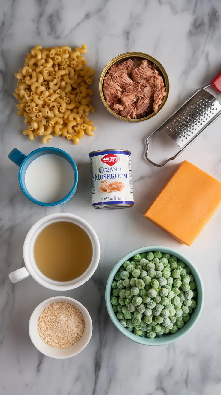 A photo of a top-down view of fresh ingredients arranged on a marble counter. There are uncooked egg noodles, a can of tuna, a block of cheddar cheese with a grater, a can of cream of mushroom soup, a cup of milk, chicken broth, a bowl of frozen peas, and a small dish of breadcrumbs. Each ingredient is neatly placed, ready for preparation.