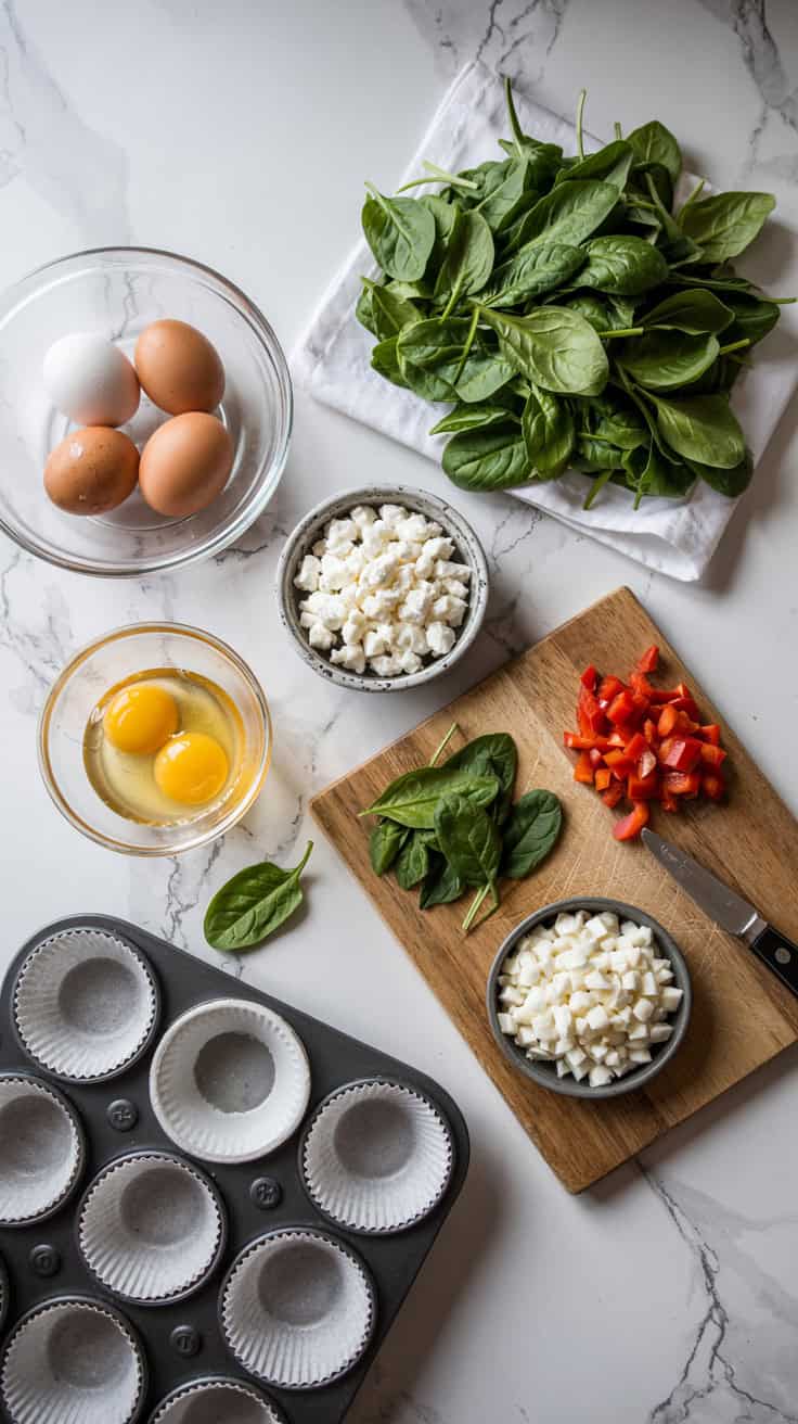 A top-down photograph of a neatly arranged display of ingredients on a pristine white marble countertop. The setup includes whole eggs in a clear glass bowl, vibrant fresh spinach leaves, crumbled feta cheese in a small ceramic dish, finely diced red bell peppers, and chopped onions in a wooden cutting board. A muffin tin is placed nearby, filled with greased cups, ready for the next step in the preparation. Soft, natural light illuminates the scene, casting gentle shadows and highlighting the textures and colors of the ingredients.