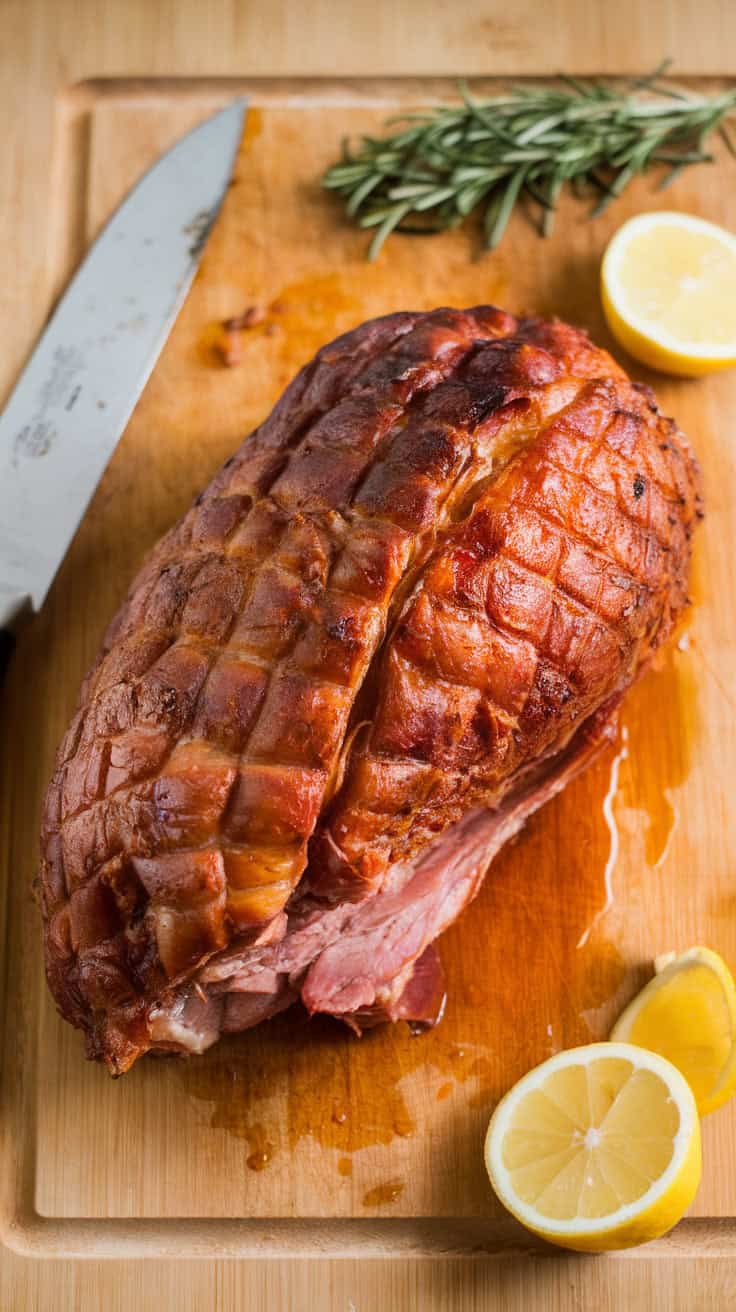 Italian pork porchetta with a golden, crispy crust, resting on a wooden cutting board. The skin is perfectly crackled, and the juicy meat inside is infused with rosemary, garlic, and fennel.