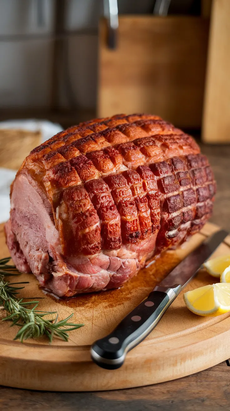 Italian pork porchetta with a golden, crispy crust, resting on a wooden cutting board. The skin is perfectly crackled, and the juicy meat inside is infused with rosemary, garlic, and fennel.