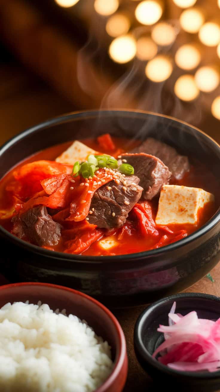 A bowl of Korean kimchi beef stew with beef, tofu, and mushrooms in a spicy red broth, served with white rice and pickled radish on the side.