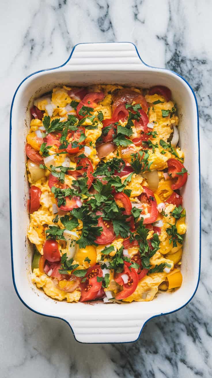 A photo of a top-view shot of the final serving of Mediterranean scrambled eggs in a white ceramic dish. The scrambled eggs are mixed with tomatoes, onions, and peppers, creating a colorful, flavorful dish. The dish is garnished with fresh parsley and is placed on a marble countertop, ready to be served.